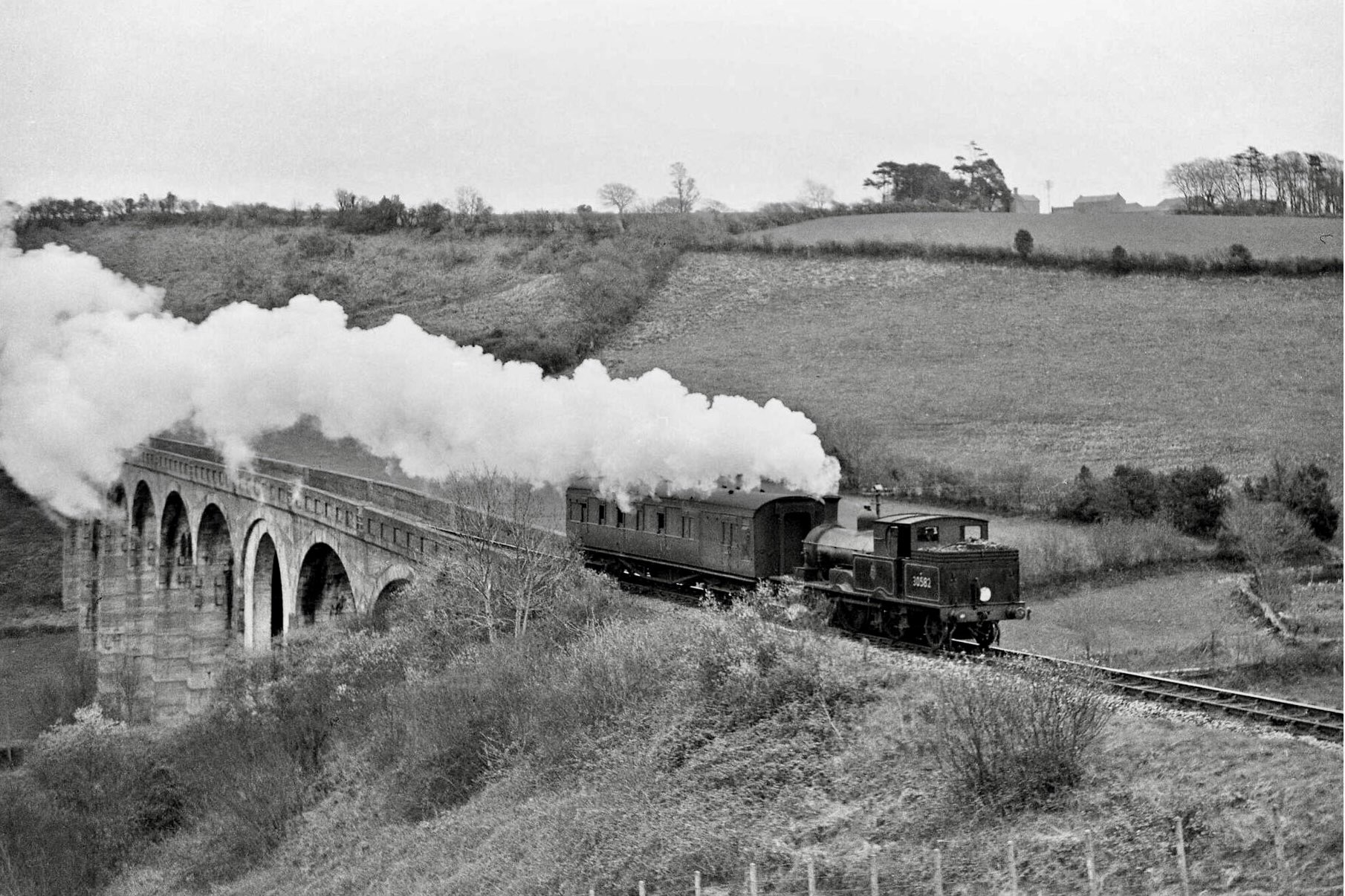Old photo of viaduct as train crosses