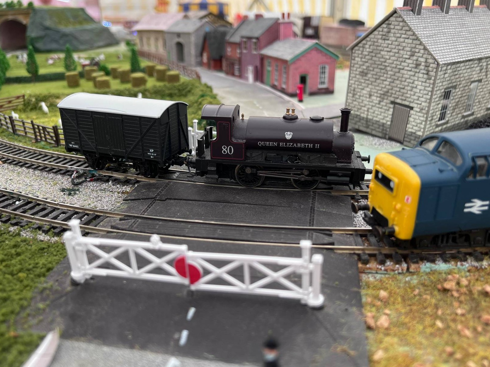 Model trains at crossing