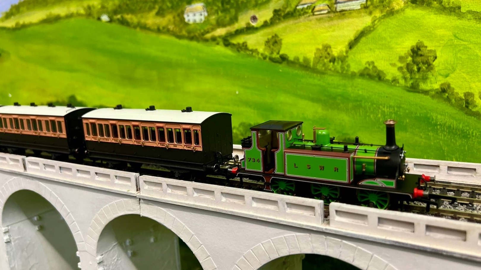  Model train crossing viaduct